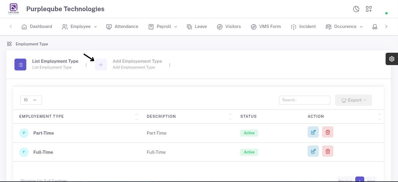 Add Employment Type tab highlighted on the Employment Type page